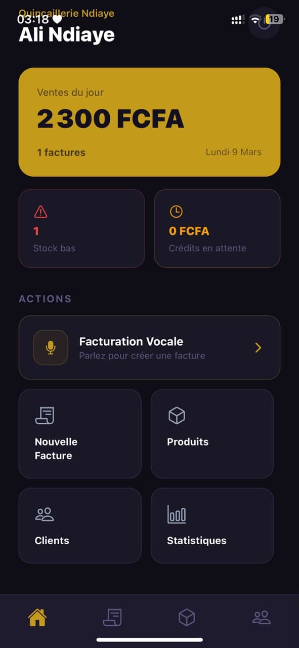 Tableau de bord VocaFacture avec ventes du jour et actions rapides